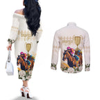 Australia Cup Caulfield Horse Racing Couples Matching Off The Shoulder Long Sleeve Dress and Long Sleeve Button Shirt Champion Trophy Mix White Roses - Aussie Hoodie