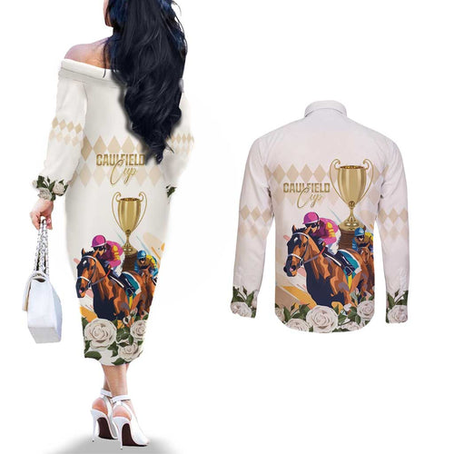 Australia Cup Caulfield Horse Racing Couples Matching Off The Shoulder Long Sleeve Dress and Long Sleeve Button Shirt Champion Trophy Mix White Roses - Aussie Hoodie