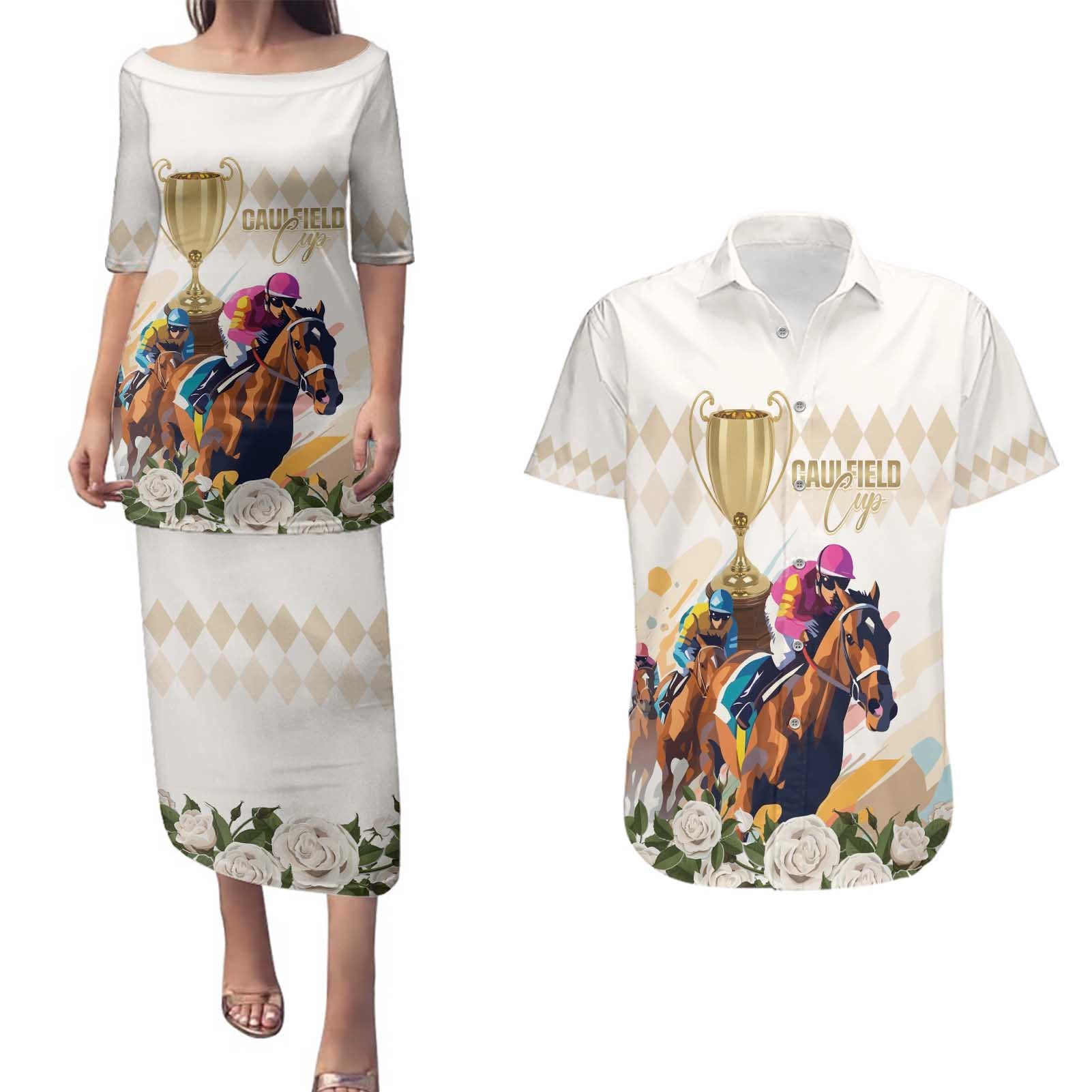 Australia Cup Caulfield Horse Racing Couples Matching Puletasi and Hawaiian Shirt Champion Trophy Mix White Roses - Aussie Hoodie