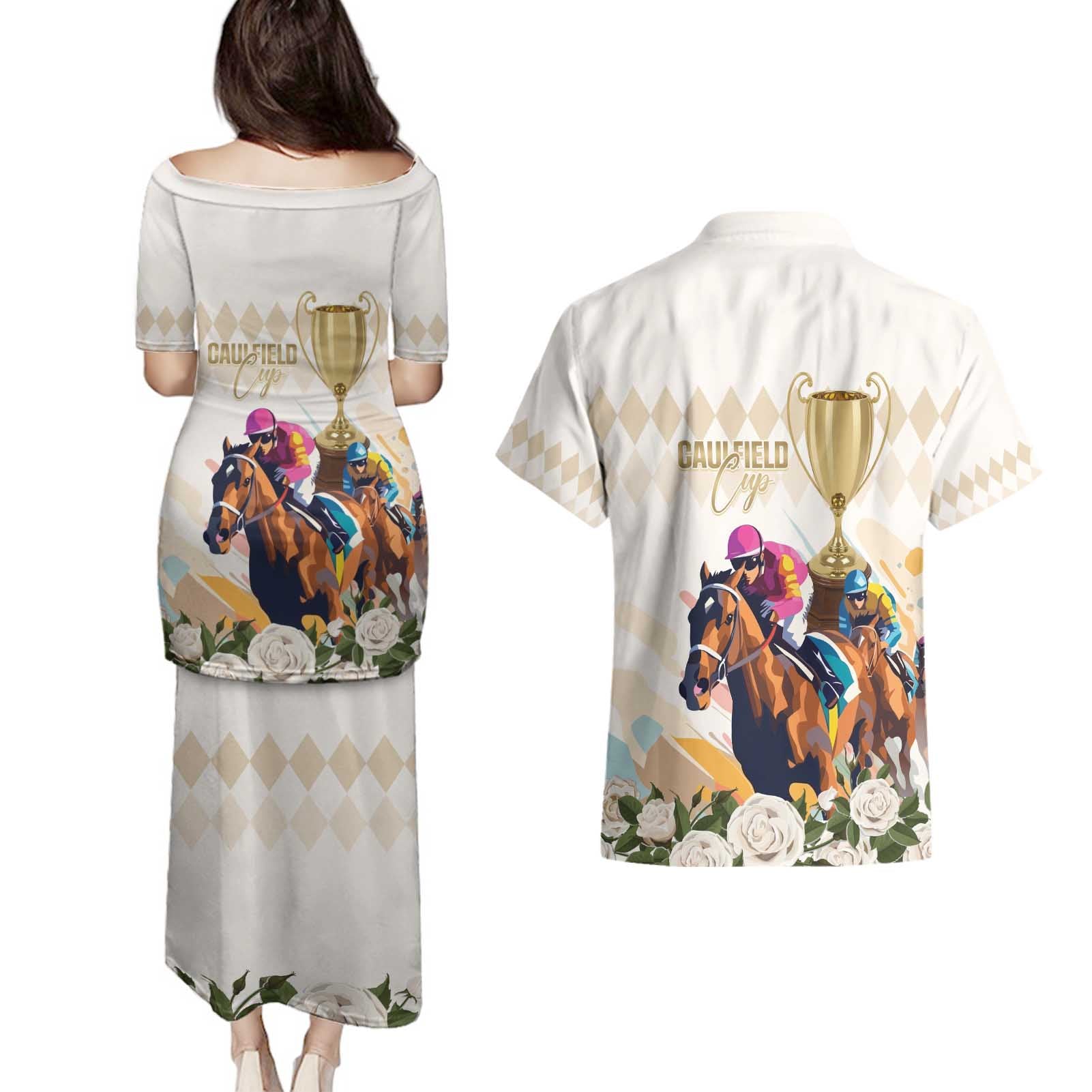 Australia Cup Caulfield Horse Racing Couples Matching Puletasi and Hawaiian Shirt Champion Trophy Mix White Roses - Aussie Hoodie