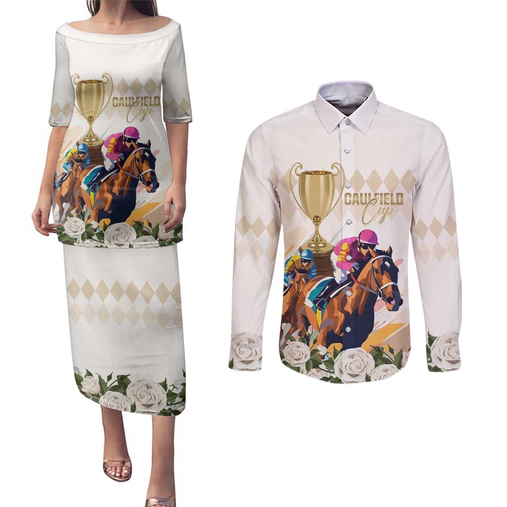 Australia Cup Caulfield Horse Racing Couples Matching Puletasi and Long Sleeve Button Shirt Champion Trophy Mix White Roses - Aussie Hoodie