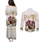 Australia Cup Caulfield Horse Racing Couples Matching Puletasi and Long Sleeve Button Shirt Champion Trophy Mix White Roses - Aussie Hoodie