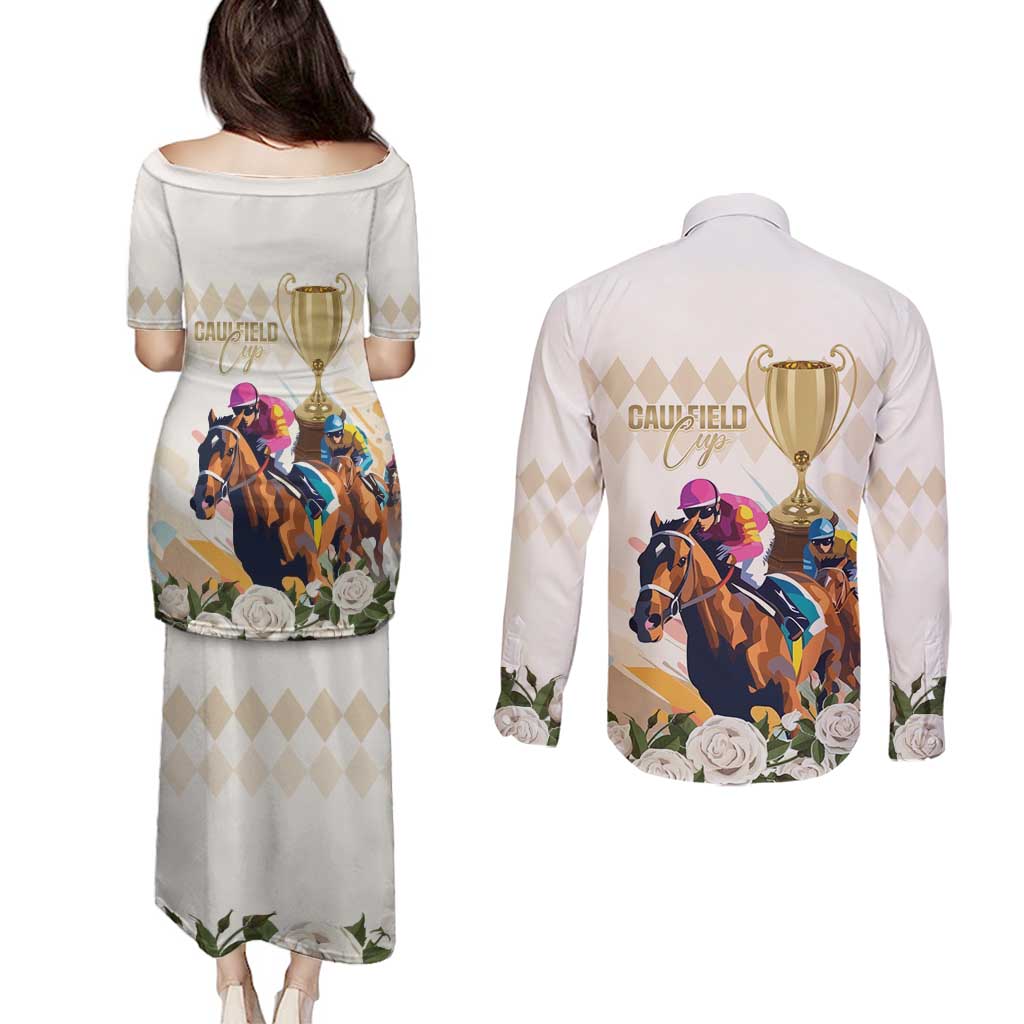 Australia Cup Caulfield Horse Racing Couples Matching Puletasi and Long Sleeve Button Shirt Champion Trophy Mix White Roses - Aussie Hoodie