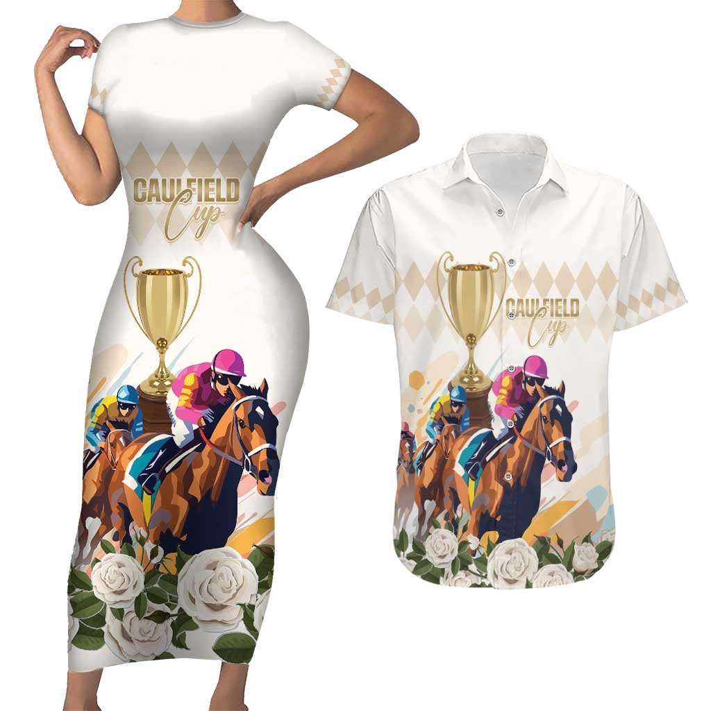 Australia Cup Caulfield Horse Racing Couples Matching Short Sleeve Bodycon Dress and Hawaiian Shirt Champion Trophy Mix White Roses - Aussie Hoodie
