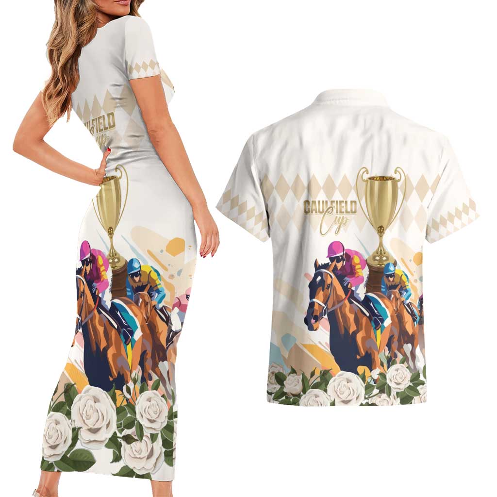 Australia Cup Caulfield Horse Racing Couples Matching Short Sleeve Bodycon Dress and Hawaiian Shirt Champion Trophy Mix White Roses - Aussie Hoodie