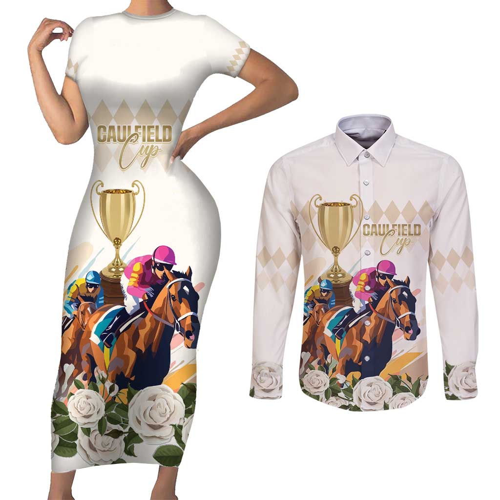 Australia Cup Caulfield Horse Racing Couples Matching Short Sleeve Bodycon Dress and Long Sleeve Button Shirt Champion Trophy Mix White Roses - Aussie Hoodie