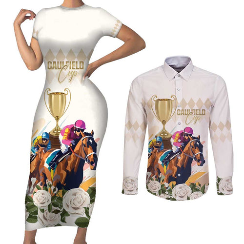 Australia Cup Caulfield Horse Racing Couples Matching Short Sleeve Bodycon Dress and Long Sleeve Button Shirt Champion Trophy Mix White Roses - Aussie Hoodie