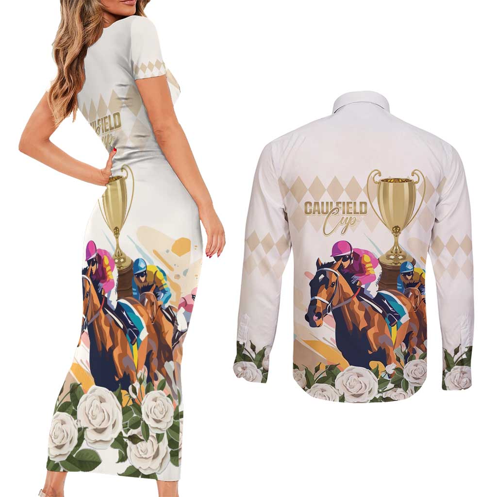 Australia Cup Caulfield Horse Racing Couples Matching Short Sleeve Bodycon Dress and Long Sleeve Button Shirt Champion Trophy Mix White Roses - Aussie Hoodie