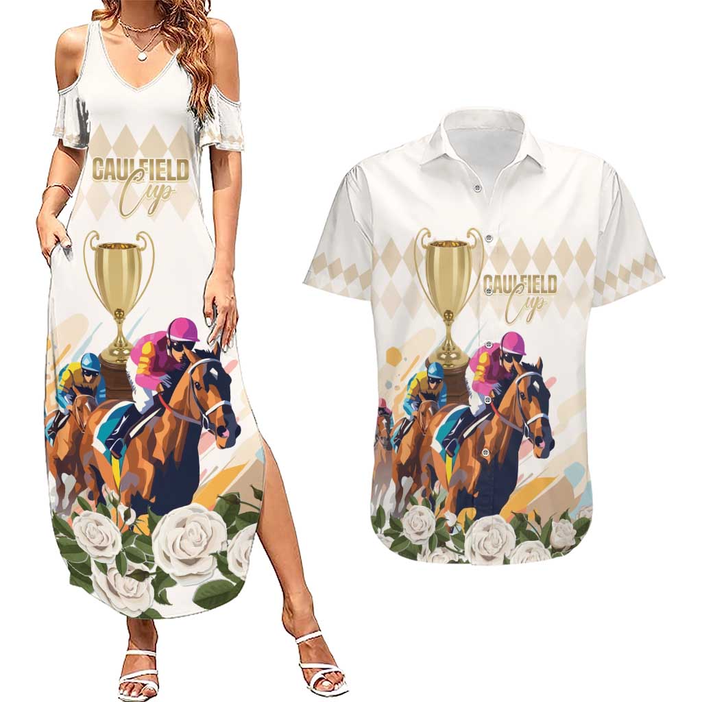 Australia Cup Caulfield Horse Racing Couples Matching Summer Maxi Dress and Hawaiian Shirt Champion Trophy Mix White Roses - Aussie Hoodie