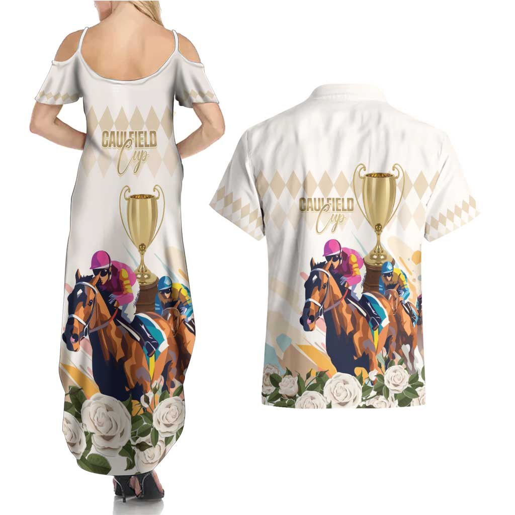 Australia Cup Caulfield Horse Racing Couples Matching Summer Maxi Dress and Hawaiian Shirt Champion Trophy Mix White Roses - Aussie Hoodie