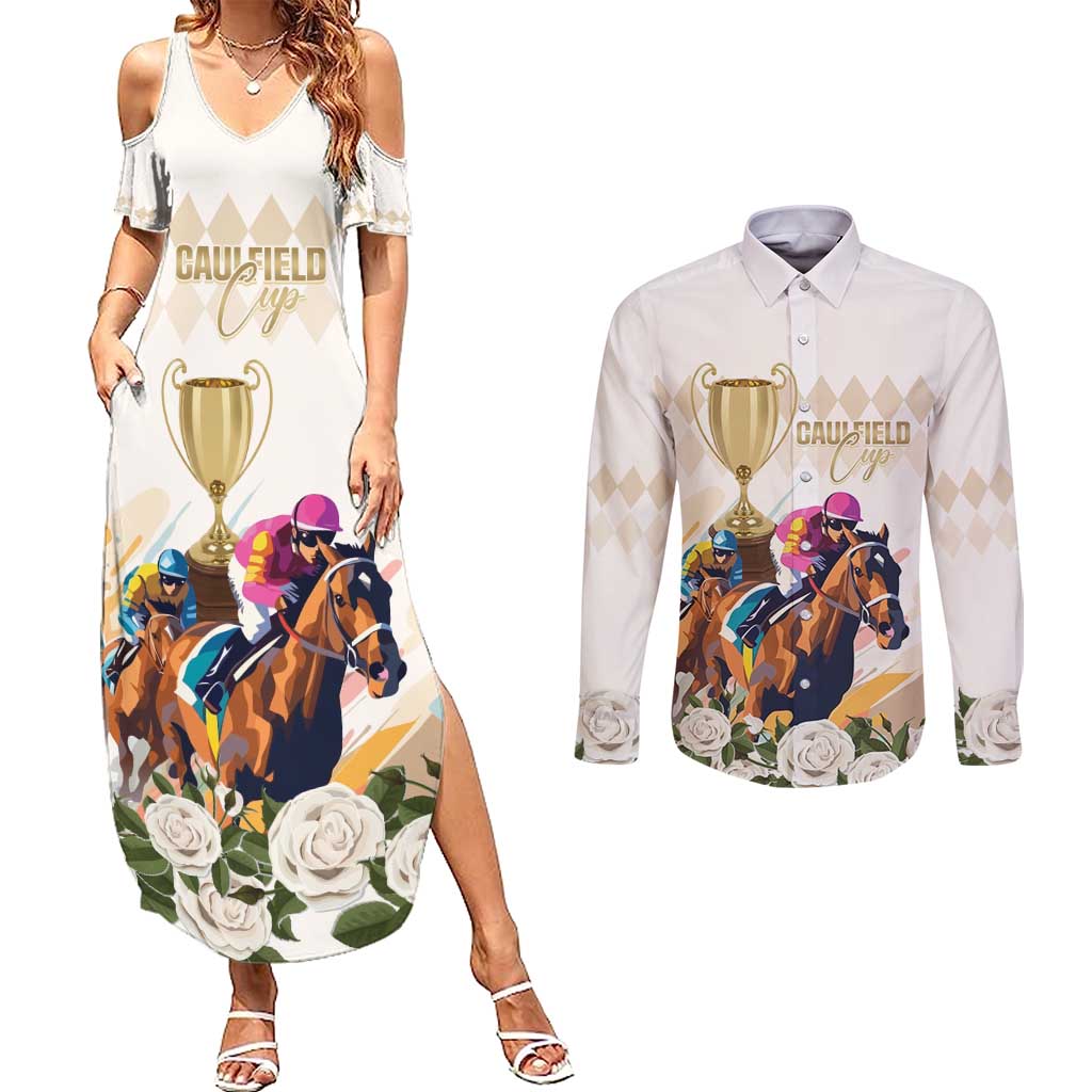 Australia Cup Caulfield Horse Racing Couples Matching Summer Maxi Dress and Long Sleeve Button Shirt Champion Trophy Mix White Roses - Aussie Hoodie