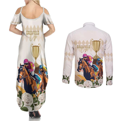 Australia Cup Caulfield Horse Racing Couples Matching Summer Maxi Dress and Long Sleeve Button Shirt Champion Trophy Mix White Roses - Aussie Hoodie