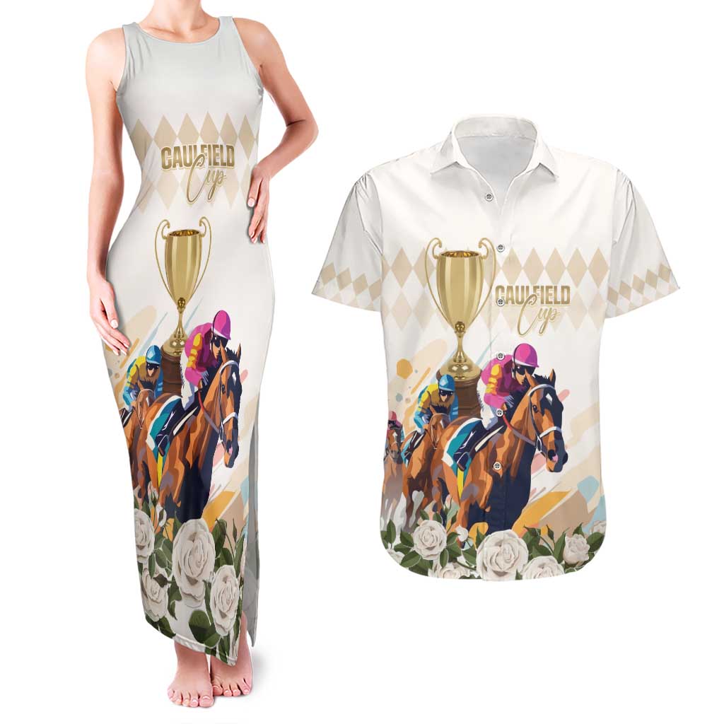 Australia Cup Caulfield Horse Racing Couples Matching Tank Maxi Dress and Hawaiian Shirt Champion Trophy Mix White Roses - Aussie Hoodie