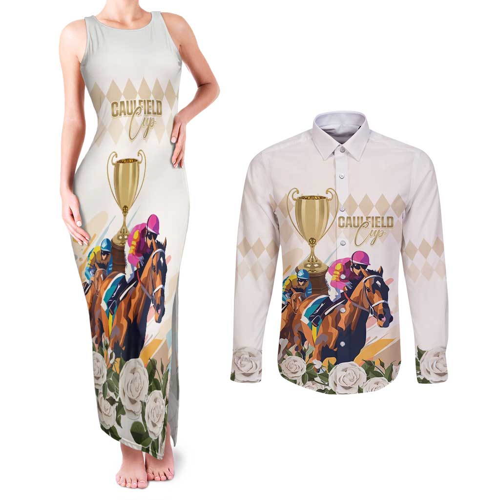 Australia Cup Caulfield Horse Racing Couples Matching Tank Maxi Dress and Long Sleeve Button Shirt Champion Trophy Mix White Roses - Aussie Hoodie