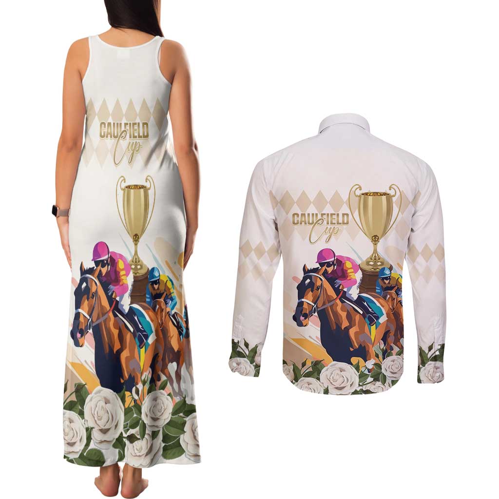 Australia Cup Caulfield Horse Racing Couples Matching Tank Maxi Dress and Long Sleeve Button Shirt Champion Trophy Mix White Roses - Aussie Hoodie