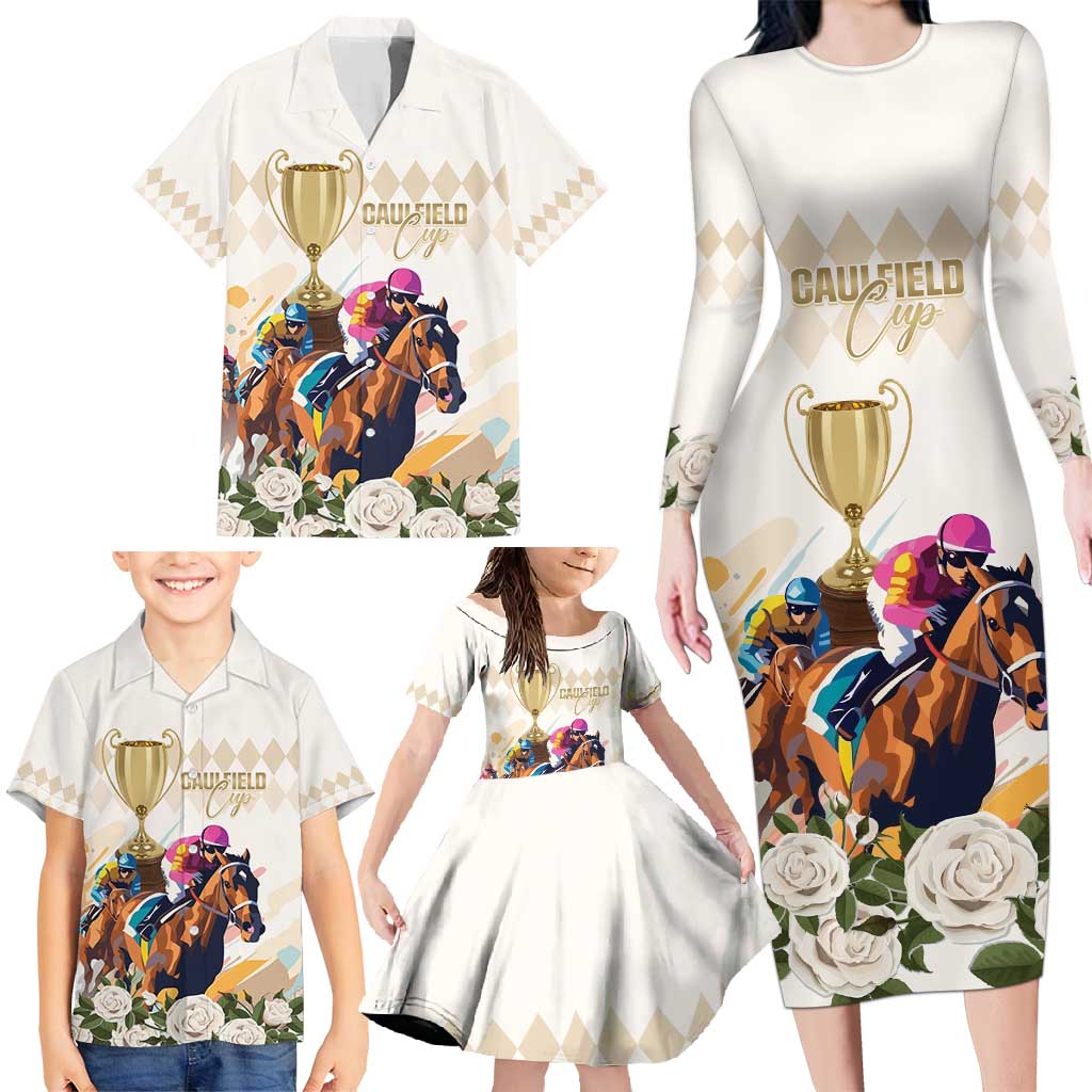 Australia Cup Caulfield Horse Racing Family Matching Long Sleeve Bodycon Dress and Hawaiian Shirt Champion Trophy Mix White Roses - Aussie Hoodie