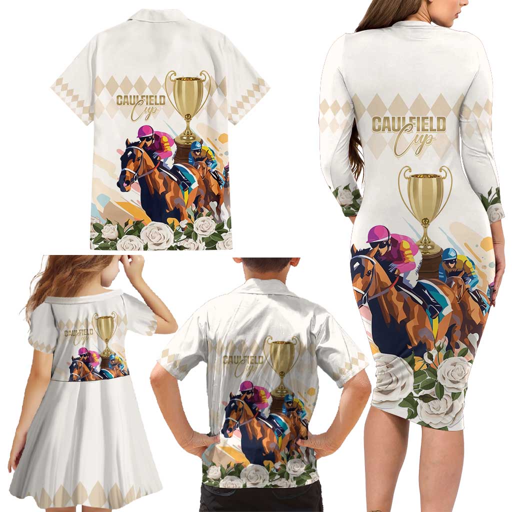 Australia Cup Caulfield Horse Racing Family Matching Long Sleeve Bodycon Dress and Hawaiian Shirt Champion Trophy Mix White Roses - Aussie Hoodie