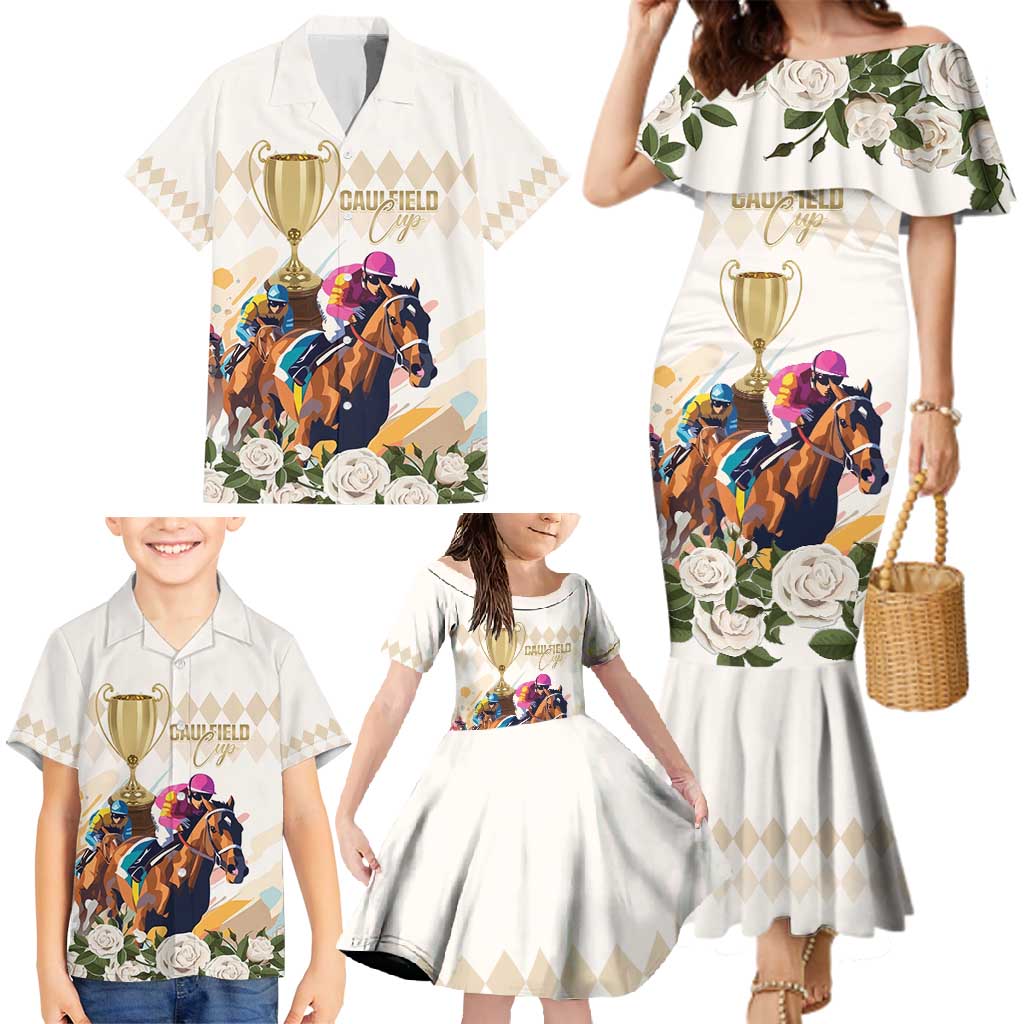 Australia Cup Caulfield Horse Racing Family Matching Mermaid Dress and Hawaiian Shirt Champion Trophy Mix White Roses - Aussie Hoodie