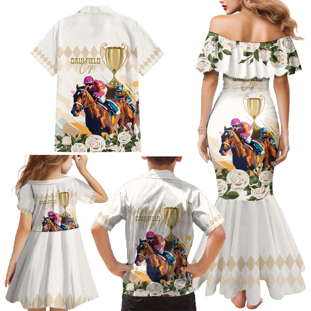 Australia Cup Caulfield Horse Racing Family Matching Mermaid Dress and Hawaiian Shirt Champion Trophy Mix White Roses - Aussie Hoodie