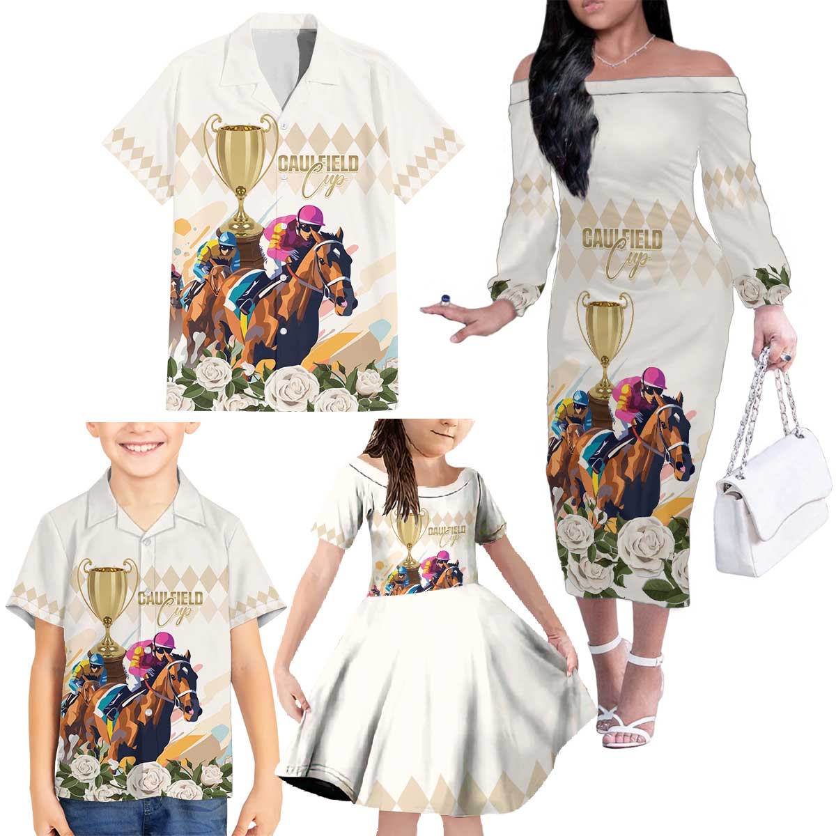 Australia Cup Caulfield Horse Racing Family Matching Off The Shoulder Long Sleeve Dress and Hawaiian Shirt Champion Trophy Mix White Roses - Aussie Hoodie