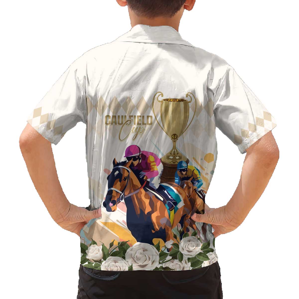 Australia Cup Caulfield Horse Racing Family Matching Off The Shoulder Long Sleeve Dress and Hawaiian Shirt Champion Trophy Mix White Roses - Aussie Hoodie