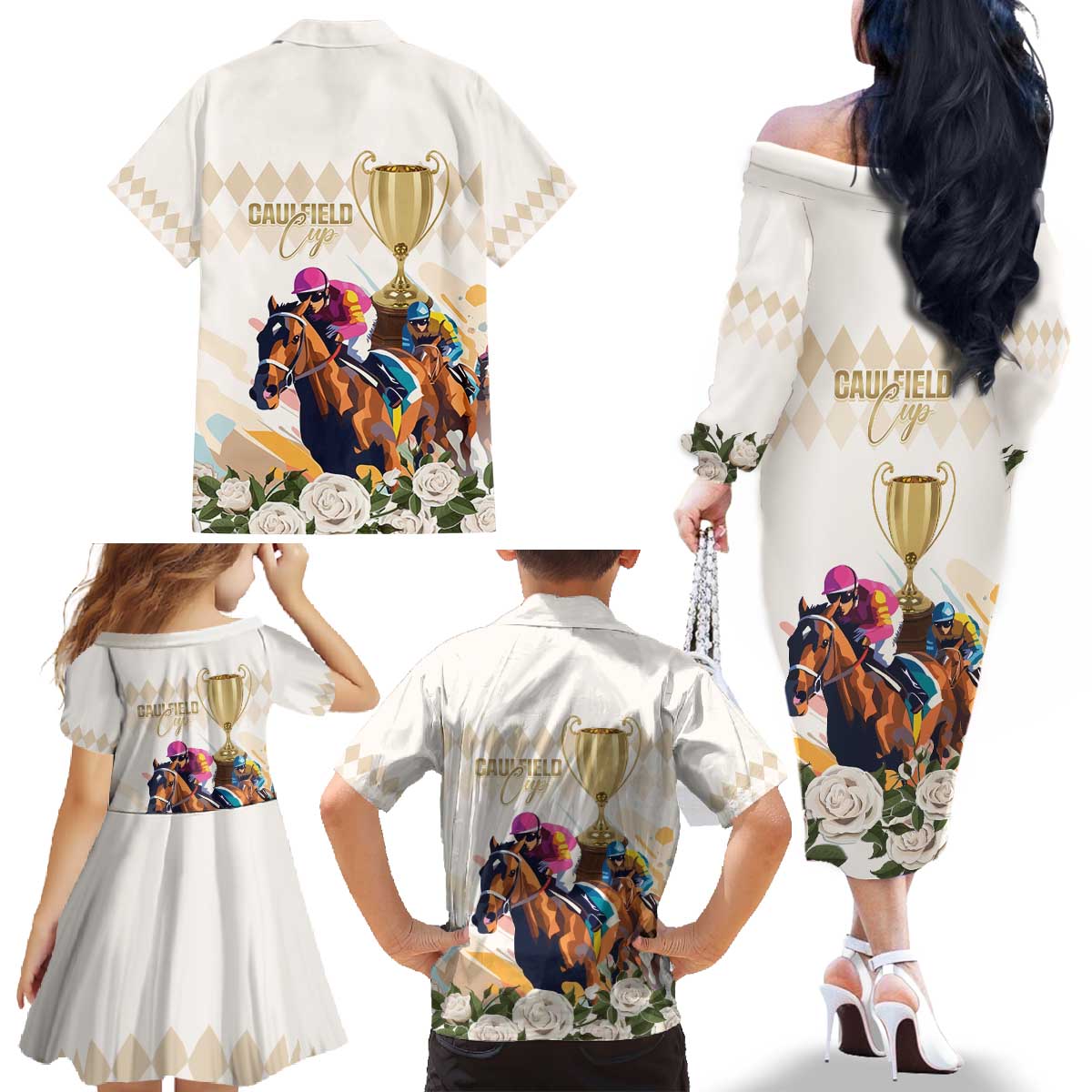Australia Cup Caulfield Horse Racing Family Matching Off The Shoulder Long Sleeve Dress and Hawaiian Shirt Champion Trophy Mix White Roses - Aussie Hoodie