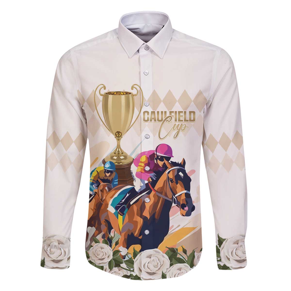 Australia Cup Caulfield Horse Racing Family Matching Off The Shoulder Long Sleeve Dress and Hawaiian Shirt Champion Trophy Mix White Roses - Aussie Hoodie