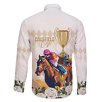 Australia Cup Caulfield Horse Racing Family Matching Off The Shoulder Long Sleeve Dress and Hawaiian Shirt Champion Trophy Mix White Roses - Aussie Hoodie