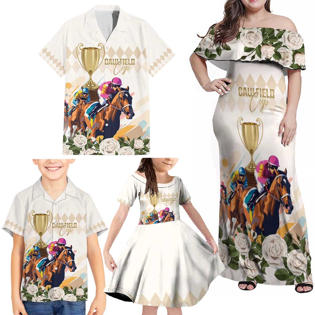 Australia Cup Caulfield Horse Racing Family Matching Off Shoulder Maxi Dress and Hawaiian Shirt Champion Trophy Mix White Roses - Aussie Hoodie