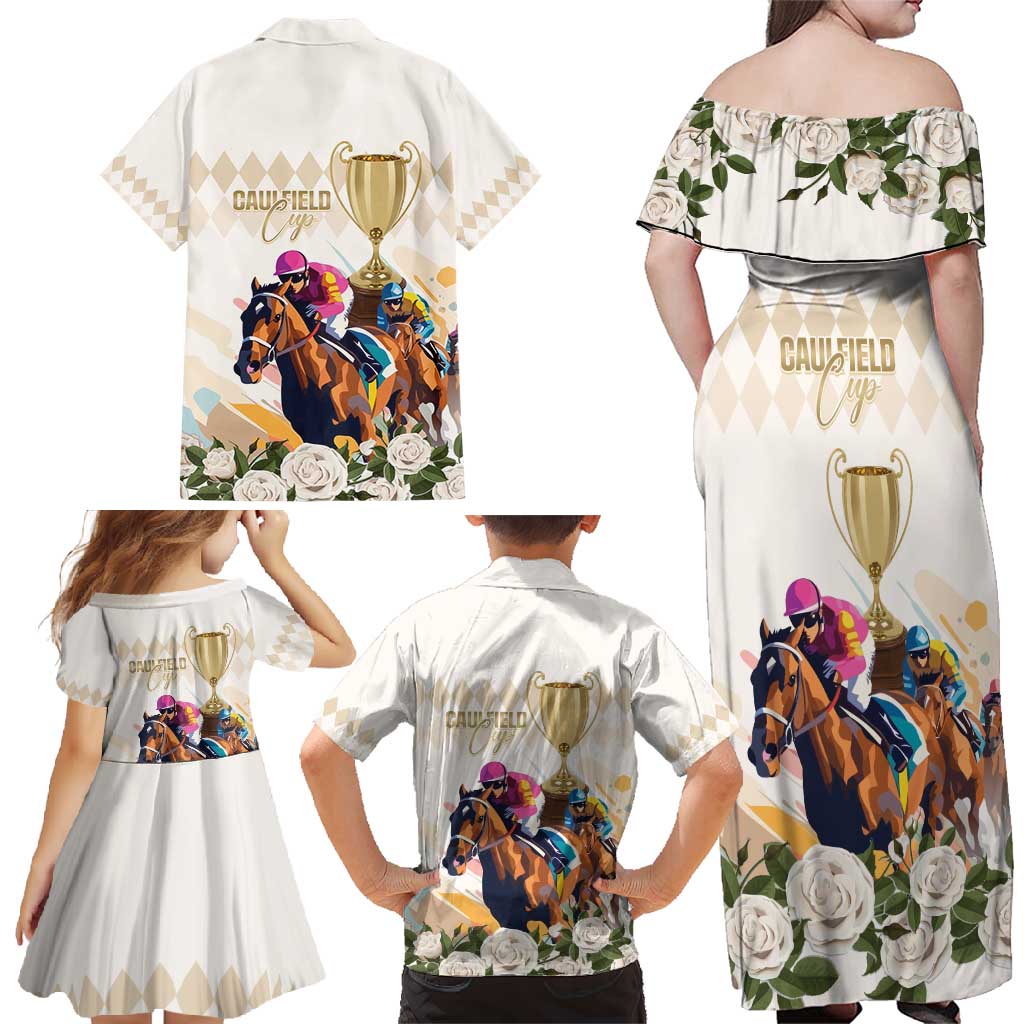 Australia Cup Caulfield Horse Racing Family Matching Off Shoulder Maxi Dress and Hawaiian Shirt Champion Trophy Mix White Roses - Aussie Hoodie