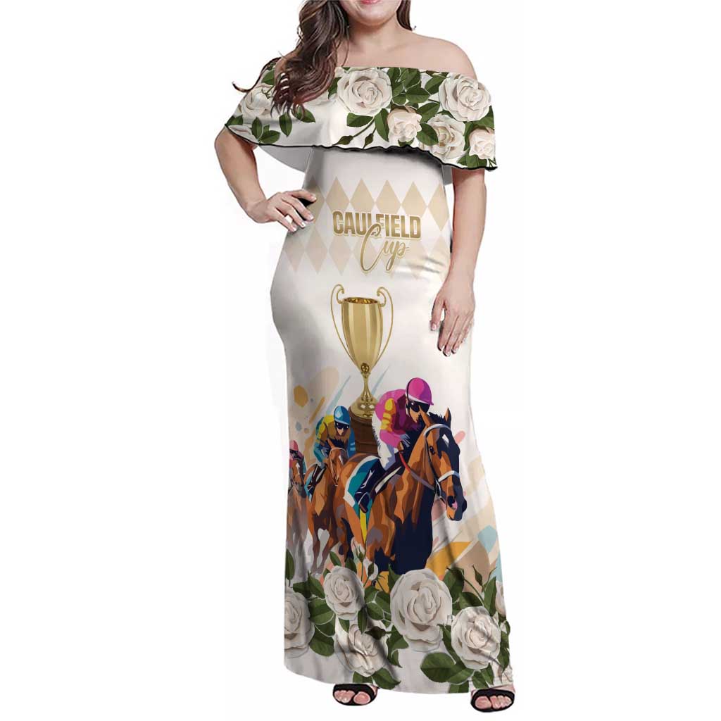 Australia Cup Caulfield Horse Racing Family Matching Off Shoulder Maxi Dress and Hawaiian Shirt Champion Trophy Mix White Roses - Aussie Hoodie