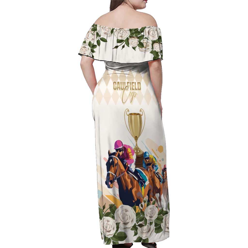 Australia Cup Caulfield Horse Racing Family Matching Off Shoulder Maxi Dress and Hawaiian Shirt Champion Trophy Mix White Roses - Aussie Hoodie