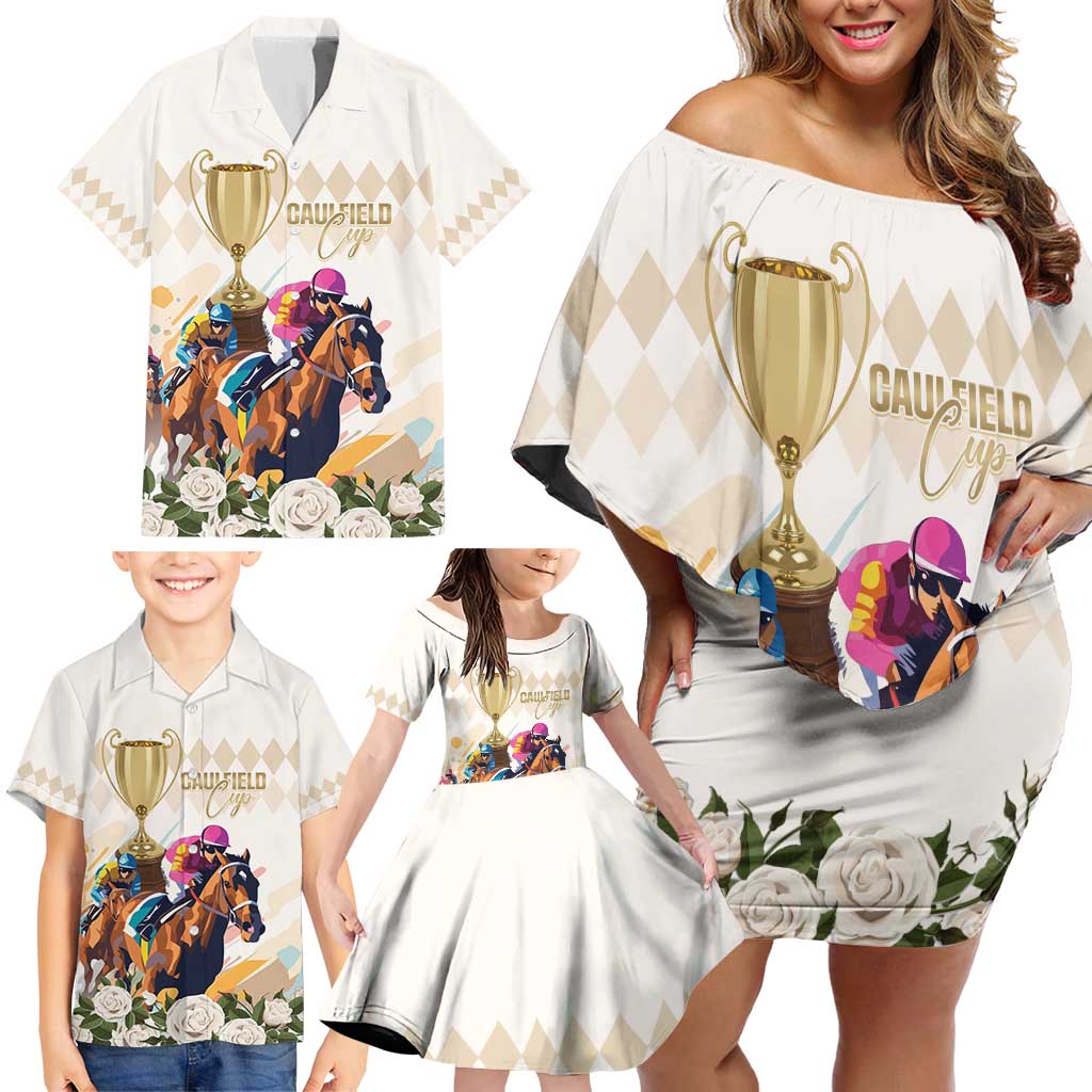 Australia Cup Caulfield Horse Racing Family Matching Off Shoulder Short Dress and Hawaiian Shirt Champion Trophy Mix White Roses - Aussie Hoodie