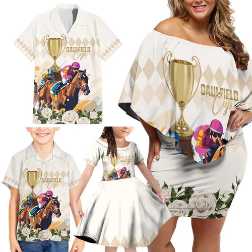 Australia Cup Caulfield Horse Racing Family Matching Off Shoulder Short Dress and Hawaiian Shirt Champion Trophy Mix White Roses - Aussie Hoodie