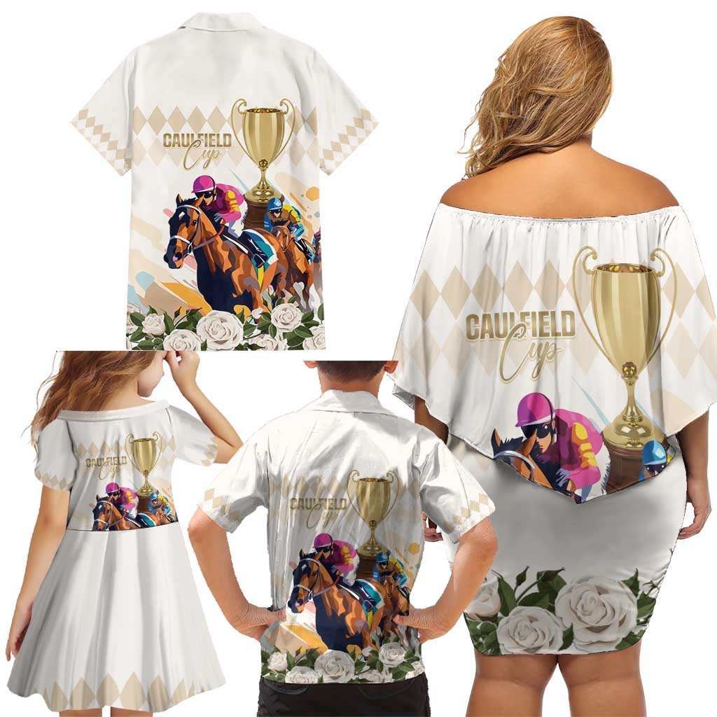 Australia Cup Caulfield Horse Racing Family Matching Off Shoulder Short Dress and Hawaiian Shirt Champion Trophy Mix White Roses - Aussie Hoodie