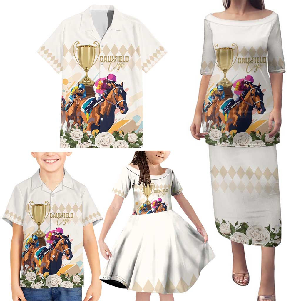 Australia Cup Caulfield Horse Racing Family Matching Puletasi and Hawaiian Shirt Champion Trophy Mix White Roses - Aussie Hoodie