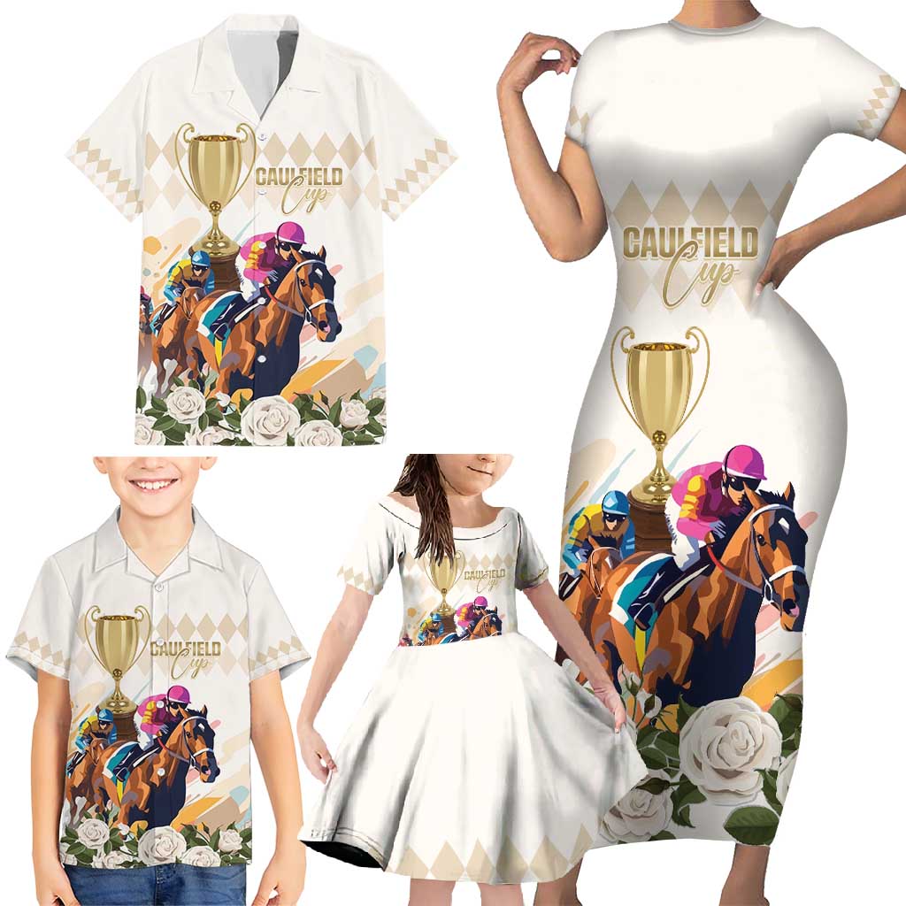 Australia Cup Caulfield Horse Racing Family Matching Short Sleeve Bodycon Dress and Hawaiian Shirt Champion Trophy Mix White Roses - Aussie Hoodie