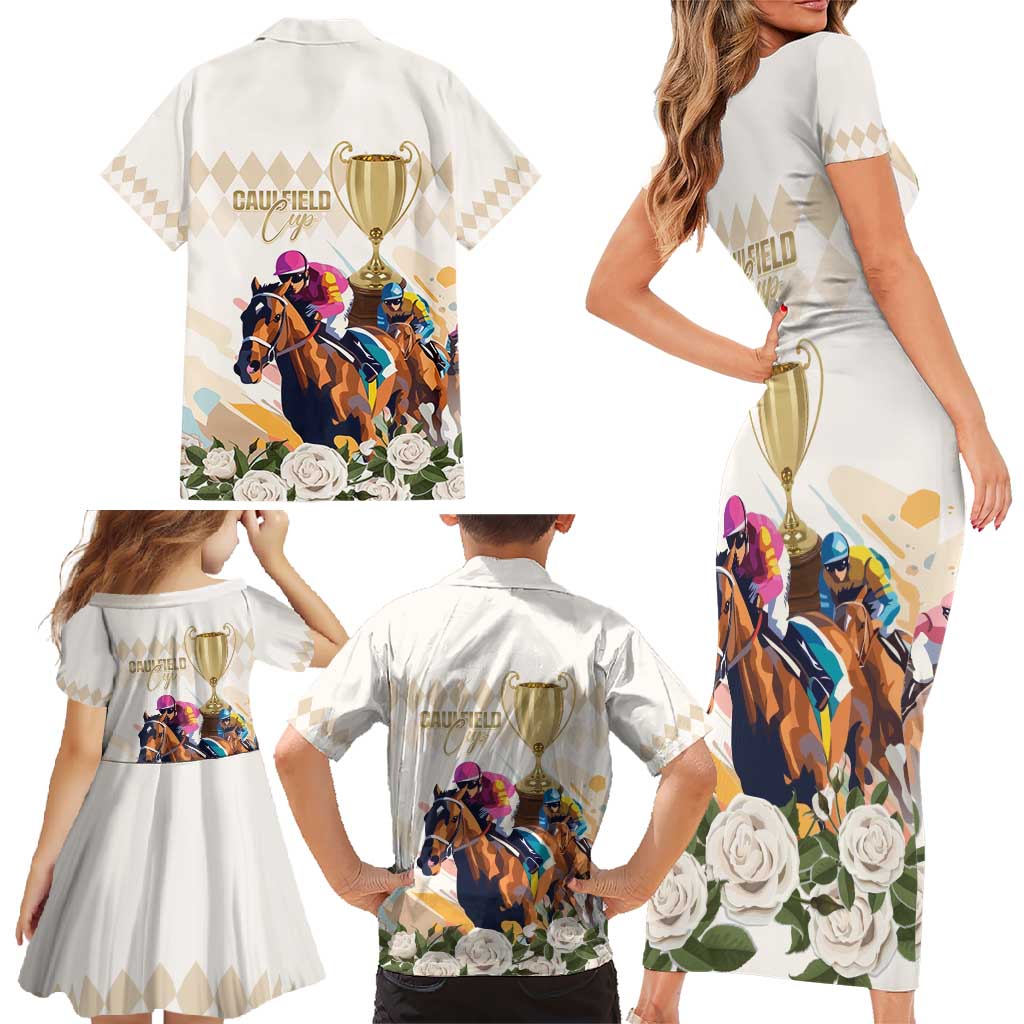 Australia Cup Caulfield Horse Racing Family Matching Short Sleeve Bodycon Dress and Hawaiian Shirt Champion Trophy Mix White Roses - Aussie Hoodie