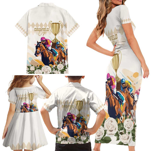 Australia Cup Caulfield Horse Racing Family Matching Short Sleeve Bodycon Dress and Hawaiian Shirt Champion Trophy Mix White Roses - Aussie Hoodie