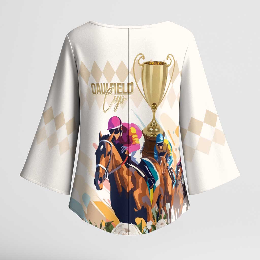Australia Cup Caulfield Horse Racing Kimono Sleeve Blouse Champion Trophy Mix White Roses - Aussie Hoodie