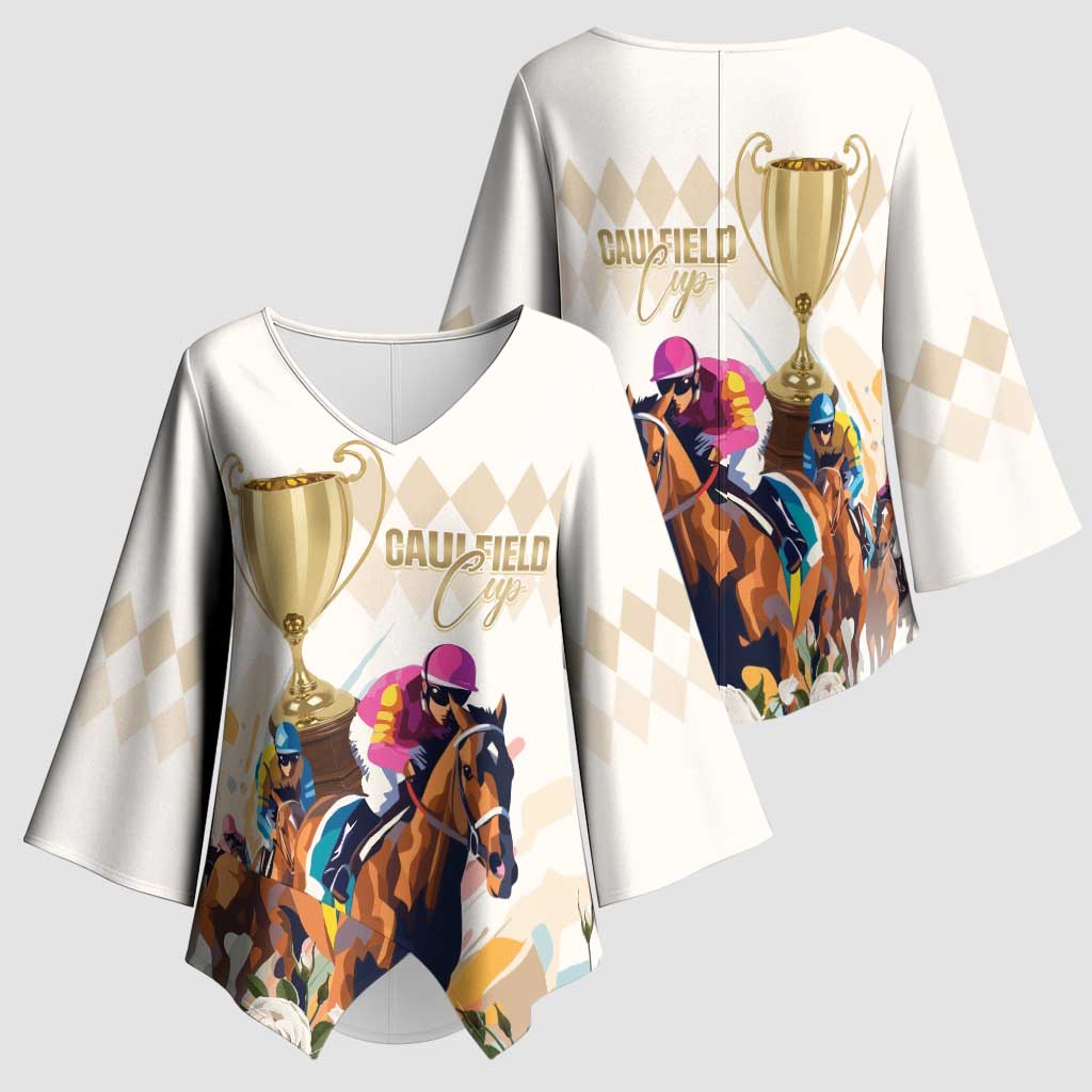 Australia Cup Caulfield Horse Racing Kimono Sleeve Blouse Champion Trophy Mix White Roses - Aussie Hoodie