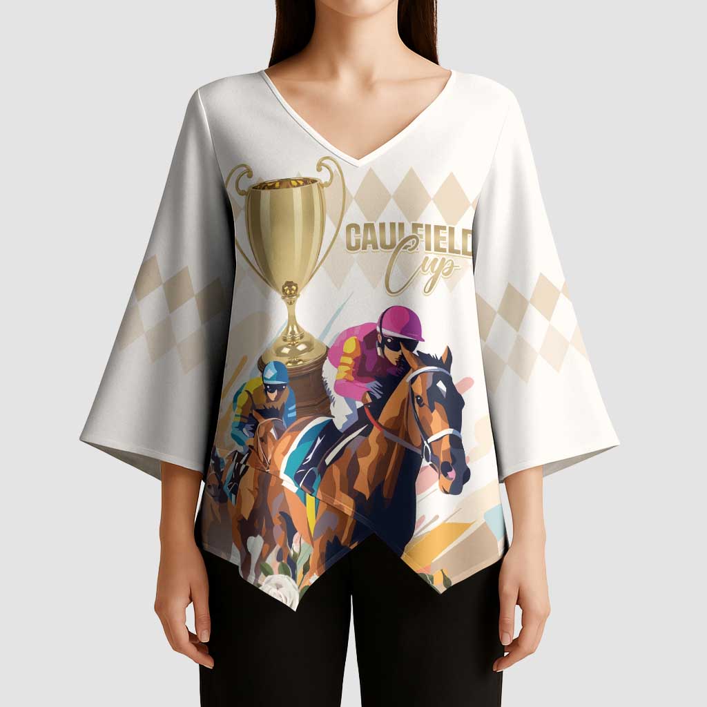 Australia Cup Caulfield Horse Racing Kimono Sleeve Blouse Champion Trophy Mix White Roses - Aussie Hoodie