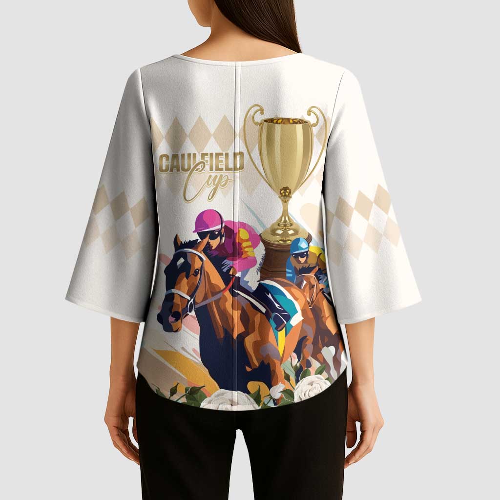 Australia Cup Caulfield Horse Racing Kimono Sleeve Blouse Champion Trophy Mix White Roses - Aussie Hoodie