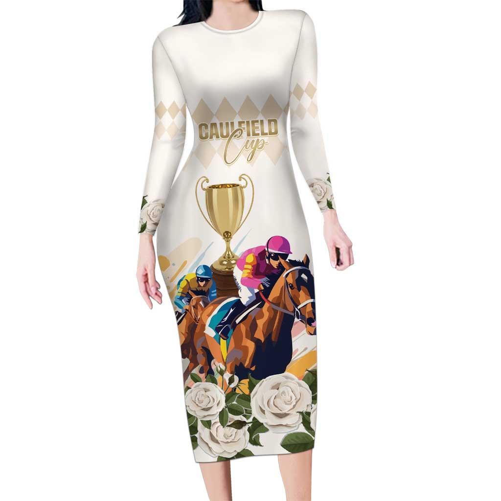 Australia Cup Caulfield Horse Racing Long Sleeve Bodycon Dress Champion Trophy Mix White Roses - Aussie Hoodie
