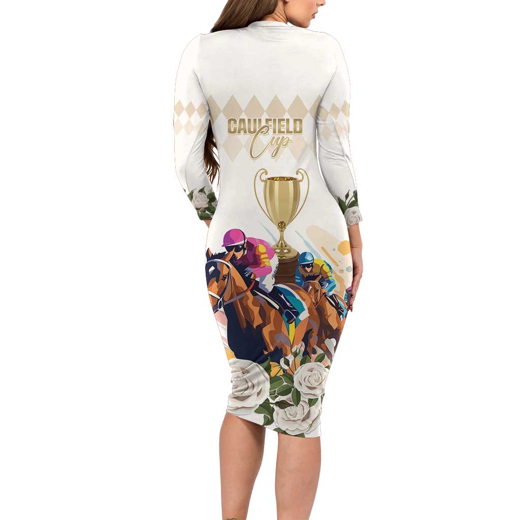 Australia Cup Caulfield Horse Racing Long Sleeve Bodycon Dress Champion Trophy Mix White Roses - Aussie Hoodie