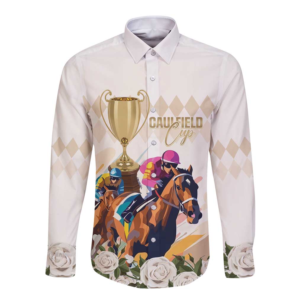 Australia Cup Caulfield Horse Racing Long Sleeve Button Shirt Champion Trophy Mix White Roses - Aussie Hoodie