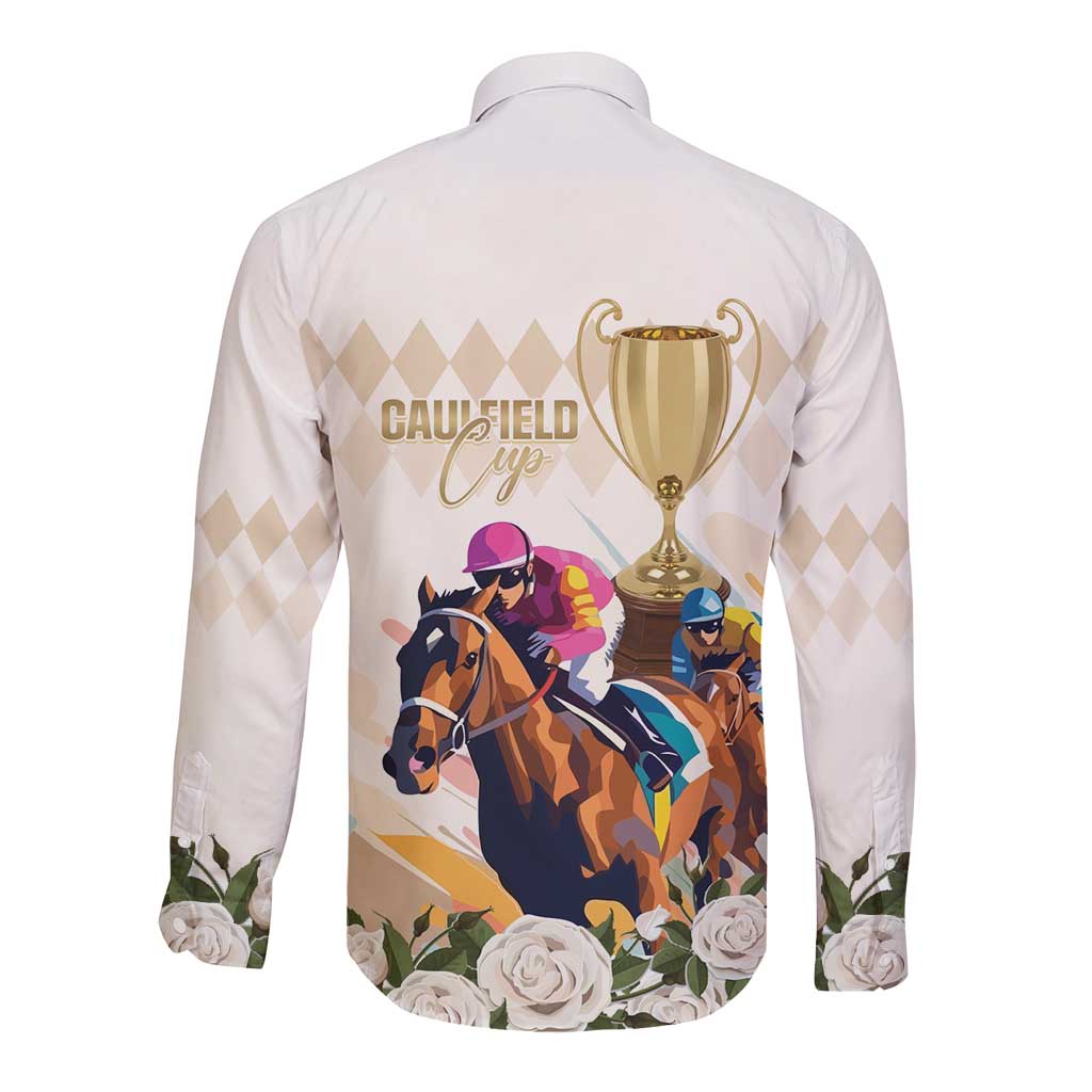 Australia Cup Caulfield Horse Racing Long Sleeve Button Shirt Champion Trophy Mix White Roses - Aussie Hoodie