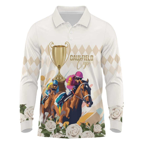 Australia Cup Caulfield Horse Racing Long Sleeve Polo Shirt Champion Trophy Mix White Roses - Aussie Hoodie