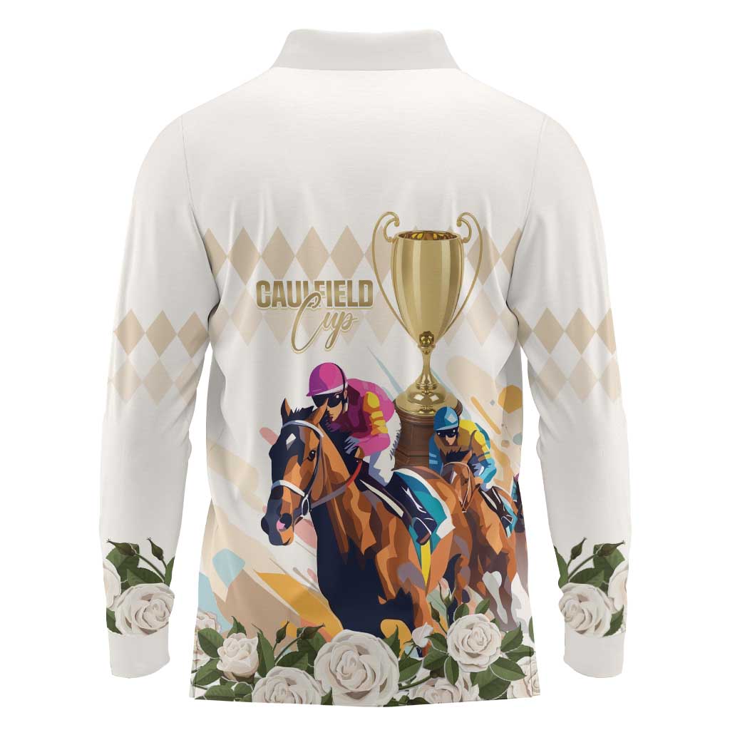 Australia Cup Caulfield Horse Racing Long Sleeve Polo Shirt Champion Trophy Mix White Roses - Aussie Hoodie