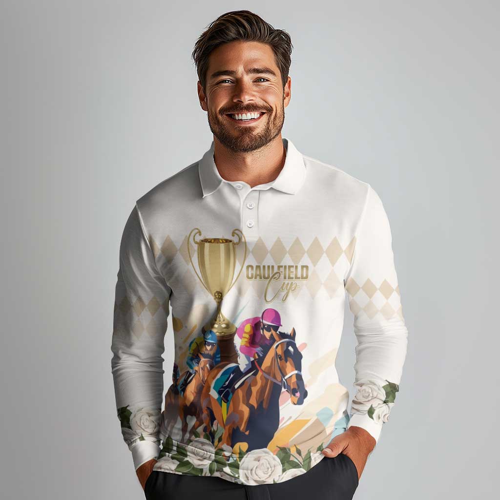 Australia Cup Caulfield Horse Racing Long Sleeve Polo Shirt Champion Trophy Mix White Roses - Aussie Hoodie